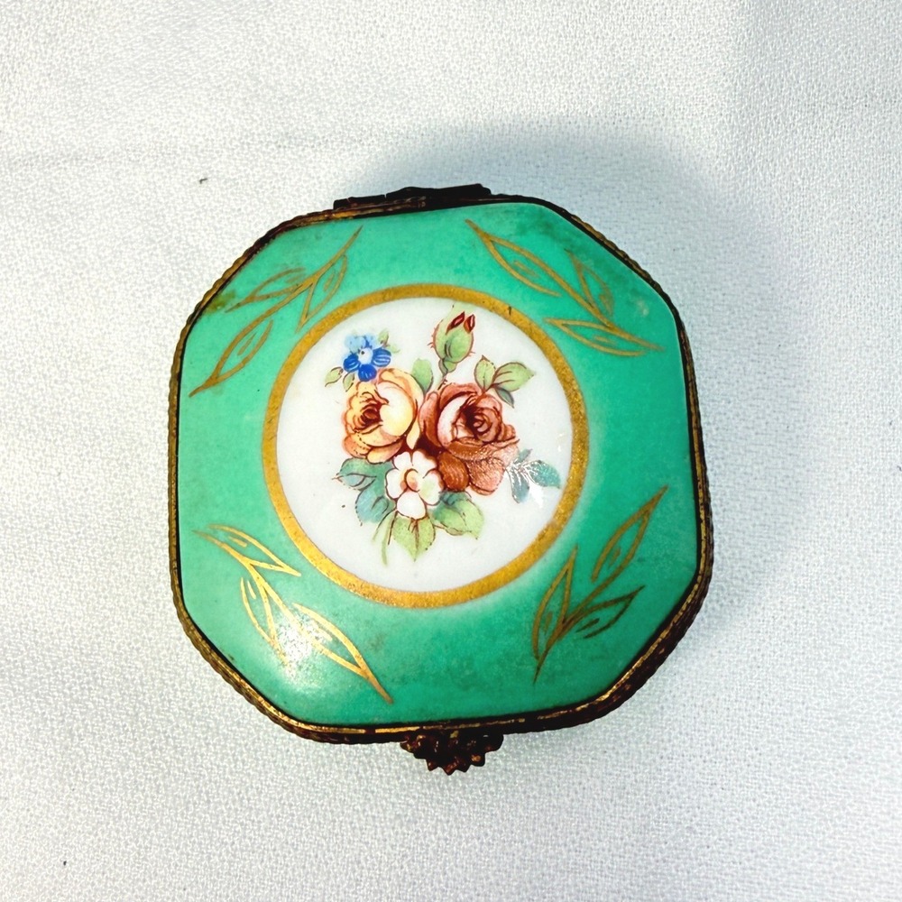 Limoges Trinket Box Vintage Green Excellent Floral French Porcelain Collectible